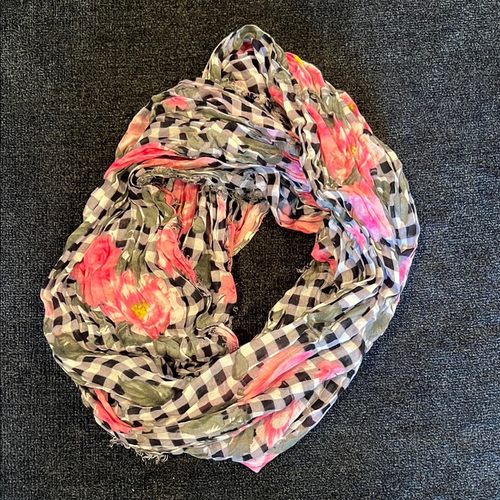 Pink and Black Floral Scarf with Flowing Design